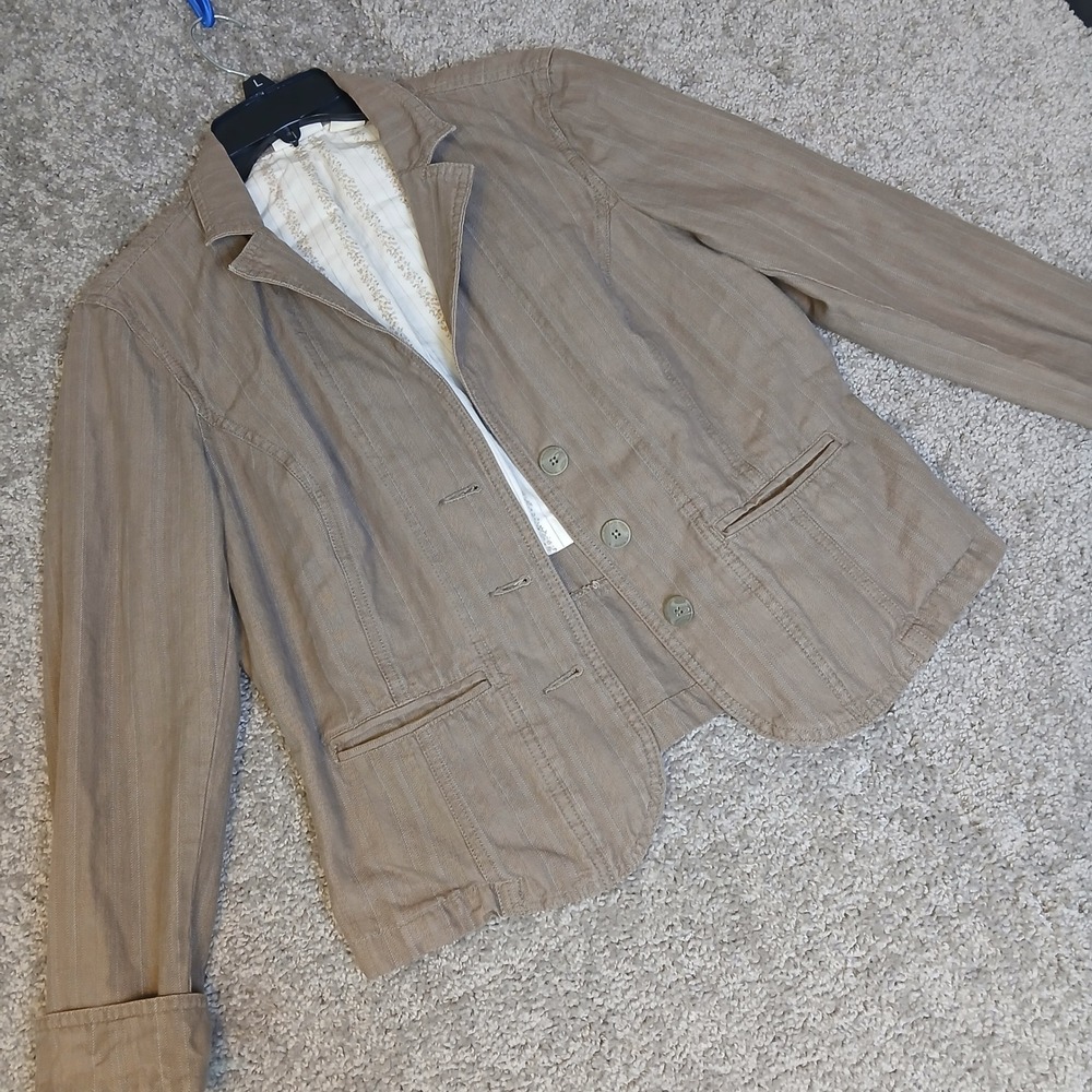 St Johns Bay Womens Large Tan Herringbone Pinstripe Cotton Blazer Jacket Floral